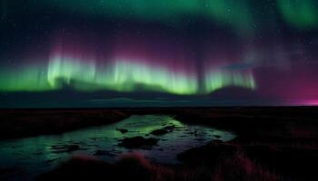 majestätisk berg räckvidd upplyst förbi aurora borealis genererad förbi ai foto