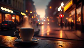 kaffe affär fönster ramar stad liv abstrakt värme genererad förbi ai foto