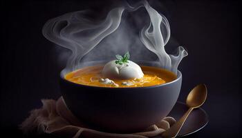 ångande vegetabiliska soppa i årgång porslin skål genererad förbi ai foto