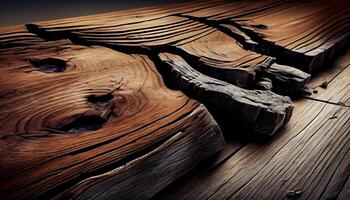 rustik trä tabell på eroderade klippa utsikt skog genererad förbi ai foto