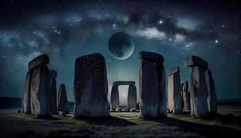 gammal megalit monument står i mörk mysterium genererad förbi ai foto