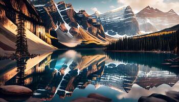 majestätisk berg räckvidd reflekterad i lugn vatten genererad förbi ai foto