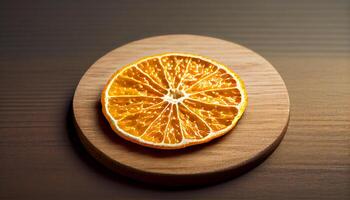 organisk citrus- skiva vilar på trä- tabell genererad förbi ai foto