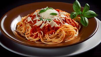 friska vegetarian pasta tallrik med hemlagad bolognese sås genererad förbi ai foto