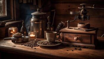 rustik tabell innehar antik kaffe kvarn stänga upp genererad förbi ai foto