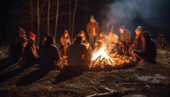 en glad familj picknick runt om brinnande kol genererad förbi ai foto