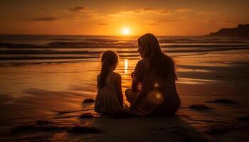 mor och dotter på de strand genererad förbi ai foto