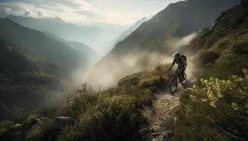 män och kvinnor erövra berg terräng cykling genererad förbi ai foto