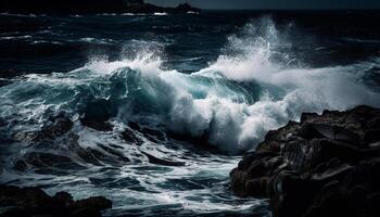 brytning vågor krascha på klippig klippa kant genererad förbi ai foto