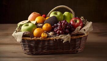 färsk frukt och grönsaker på rustik tabell arrangemang genererad förbi ai foto