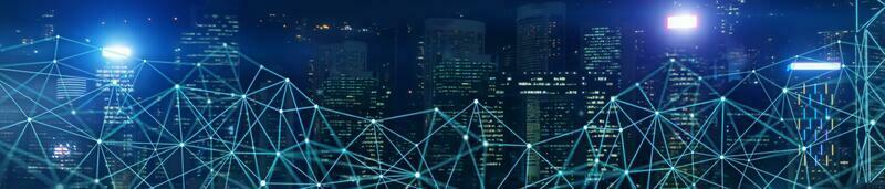 nätverk på stad horisont på natt. ansluter teknologi begrepp. blå rader webb. foto