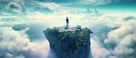 en man stående på sten på en berg utsikt de moln. illustration ai generativ foto