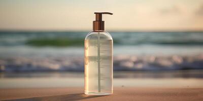 en transparent grundläggande pump flaska på strand bakgrund för naturlig eller ört- sammansättning produkt reklam begrepp. generativ ai. foto
