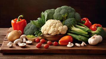friska och vegan mat sortiment av färsk grönsaker på trä- tallrik. generativ ai digital illustration foto