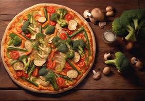 närbild se av utsökt vegan pizza med vegetabiliska på trä- tabell topp. generativ ai digital illustration. foto