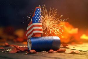 spricker fyrverkeri pinne, bomba och vinka USA flagga på skön natt bakgrund för amerikan firande begrepp. generativ ai digital illustration. foto