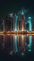 bländande natt panorama- se av qatar horisont reflekterande i de vatten. generativ ai teknologi. foto