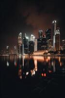 Fantastisk panorama- se av upplyst horisont speglar på vid vatten i singapore stad. generativ ai teknologi. foto