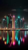 bländande natt panorama- se av qatar horisont reflekterande i de vatten. generativ ai teknologi. foto