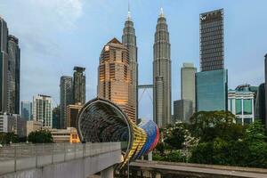 saloma länk, pintasan saloma, en 69 meter kombinerad fotgängare och cyklist bro tvärs över de klang flod i kuala lumpur, malaysia. de arkitektur är inspirerad förbi de sireh junjung foto