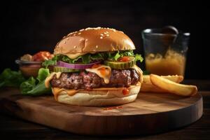 grillad burger och franska frites mat ,generativ ai foto