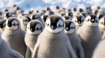 huvud pingvin kycklingar, snö lutning ö, antarktisk land massa. kreativ resurs, ai genererad foto
