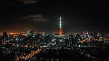 upplyst tokyo stad med horisont, bostads- byggnader i japan på natt se. generativ ai teknologi. foto