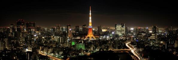 upplyst tokyo stad med horisont, bostads- byggnader i japan på natt se. generativ ai teknologi. foto