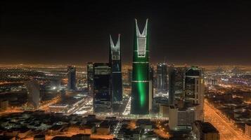 panorama- natt stad skott av riyadh som visar horisont landmärken, kontor och bostads- byggnader i söder arabien. generativ ai teknologi. foto