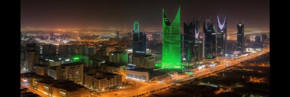 panorama- natt stad skott av riyadh som visar horisont landmärken, kontor och bostads- byggnader i söder arabien. generativ ai teknologi. foto