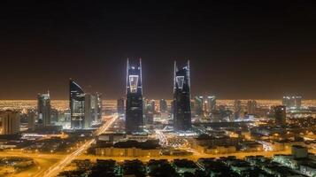 panorama- natt stad skott av riyadh som visar horisont landmärken, kontor och bostads- byggnader i söder arabien. generativ ai teknologi. foto