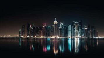 Fantastisk panorama- se av upplyst qatar horisont reflekterande i de vatten under natt tid. generativ ai teknologi. foto