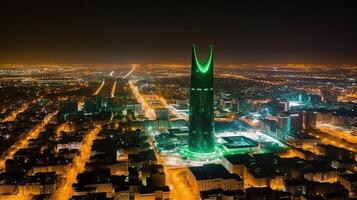 panorama- natt stad skott av riyadh som visar horisont landmärken, kontor och bostads- byggnader i söder arabien. generativ ai teknologi. foto