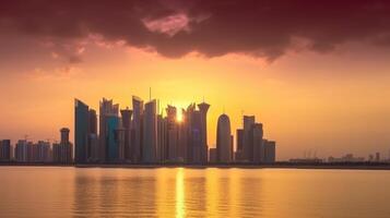 Fantastisk panorama- se av qatar horisont på solnedgång eller soluppgång med reflexion på de vatten. generativ ai teknologi. foto