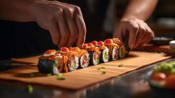 kapabel kockens händer framställning sushi rulla i en burger gemensam kök. kreativ resurs, ai genererad foto