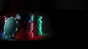 stack av färgrik skinande poker pommes frites på mörk bakgrund för kasino spel. vadhållning på en bättre finansiell framtida, generativ ai teknologi. foto