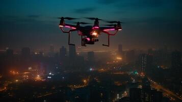 Drönare med digital kamera flygande i de natt stad. 3d tolkning generativ ai foto