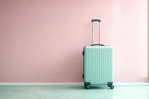 0591. vagn resväska i främre av ljus pastell vägg. generativ ai foto