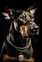 porträtt av en allvarlig doberman hund i kläder.ai genererad foto