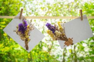 torra lila och vita och gula blommor som dekorerar på vitboken klippt på linjen med grön bakgrund foto