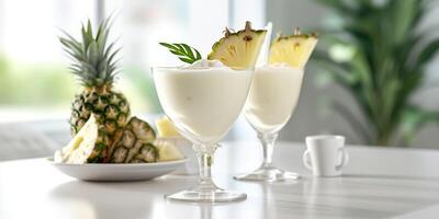 ai genererad. ai generativ. semester atmosfär tropisk sommar exotisk traditionell cocktail alkohol pina colada. mjölk kokos ananas dryck. grafisk konst foto