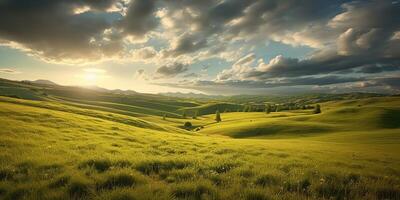 ai genererad. ai generativ. Foto realistisk illustration av grön fält gräs kullar landskap. grafisk konst