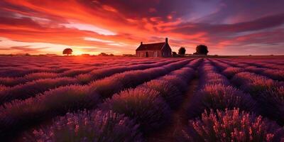 ai genererad. ai generativ. skön rosa lavendel- fält. vild natur äventyr bruka trädgård. grafisk konst foto