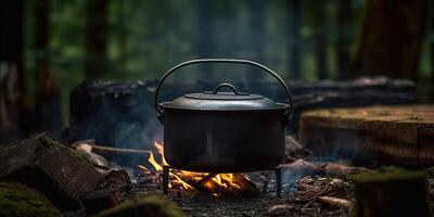 ai genererad. ai generativ. camping resten mat middag laga mat i de grön skog. äventyr vild bushcraft utforska vibe. grafisk konst foto