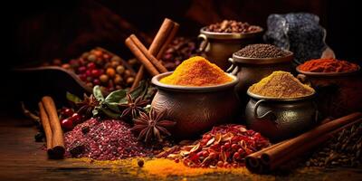 ai genererad. ai generativ. uppsättning av annorlunda indisk kryddor för Meny mat gott. grafisk konst foto