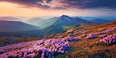 ai genererad. ai generativ. skön rhododendron blommor över solnedgång bergen fält landskap. grafisk konst foto