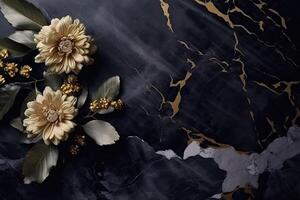 de marmor textur i svart och guld färger med gyllene blommor. lyxig design. generativ ai foto