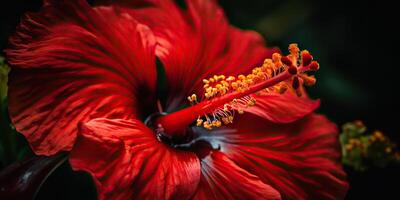 ai genererad. ai generativ. makro skott illustration av röd hibiskus blomma öppen stänga. grafisk konst foto