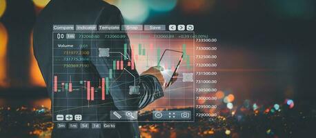 affärsmän Maj använda sig av de internet till ansluta finansiell nät och do information sökningar på deras mobil enheter använda artificiell intelligens. foto