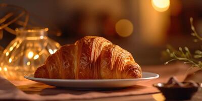 ai genererad. ai generativ. färsk bakad gyllene gott traditionell croissant. grafisk konst foto